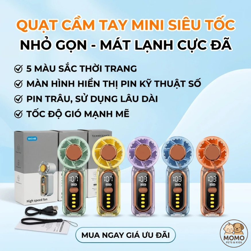 Quạt Cầm Tay Mini Cao Cấp, 100 Chế Độ Gió, Màn Hình LED, Pin Bền, Gió Siêu Mạnh Cho Bé đi chơi, đi học