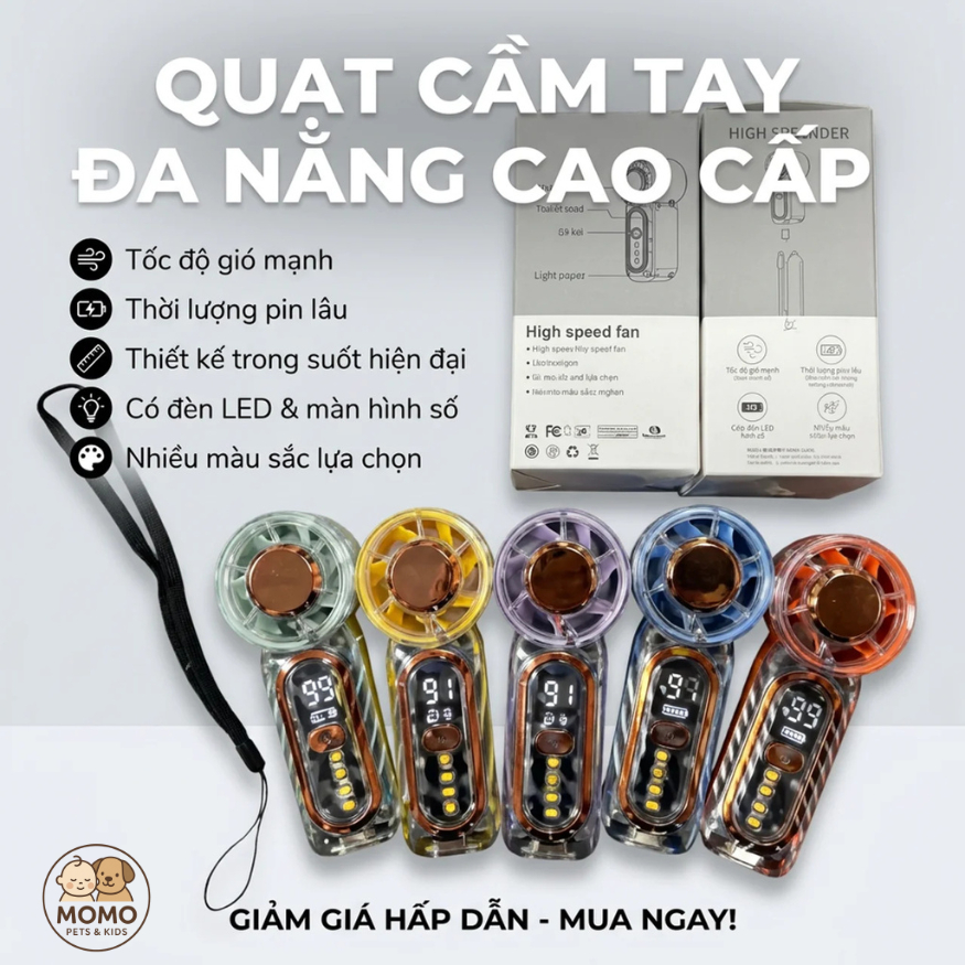 Quạt Cầm Tay Mini Cao Cấp, 100 Chế Độ Gió, Màn Hình LED, Pin Bền, Gió Siêu Mạnh Cho Bé đi chơi, đi học