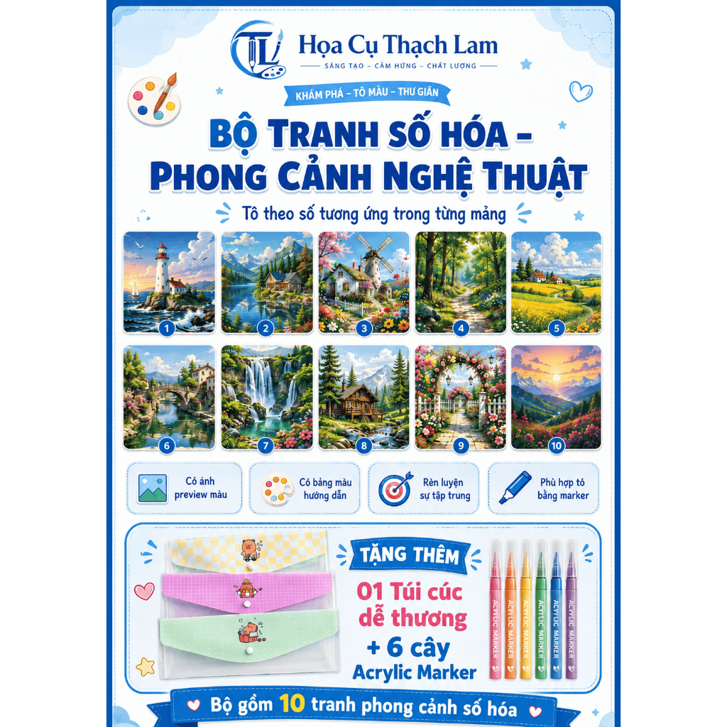 [Giấy Cao Cấp] Combo 1-3-10 Tranh Số Hóa  Phong Cảnh Tô Theo Số Kèm Preview Và Bảng Màu TL01