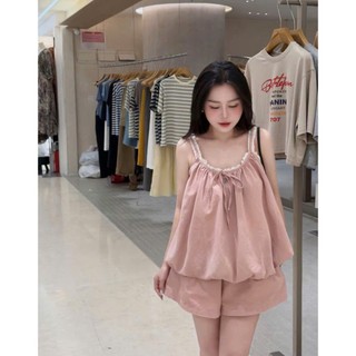 Set Bộ Đồ Nữ Thô Mềm Màu Hồng Áo 2 Dây Bí Phồng Phối Viền Ren Trắng Dây Nơ Mix Quần Sooc Đùi Ống Rộng