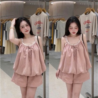 Set Bộ Đồ Nữ Thô Mềm Màu Hồng Áo 2 Dây Bí Phồng Phối Viền Ren Trắng Dây Nơ Mix Quần Sooc Đùi Ống Rộng