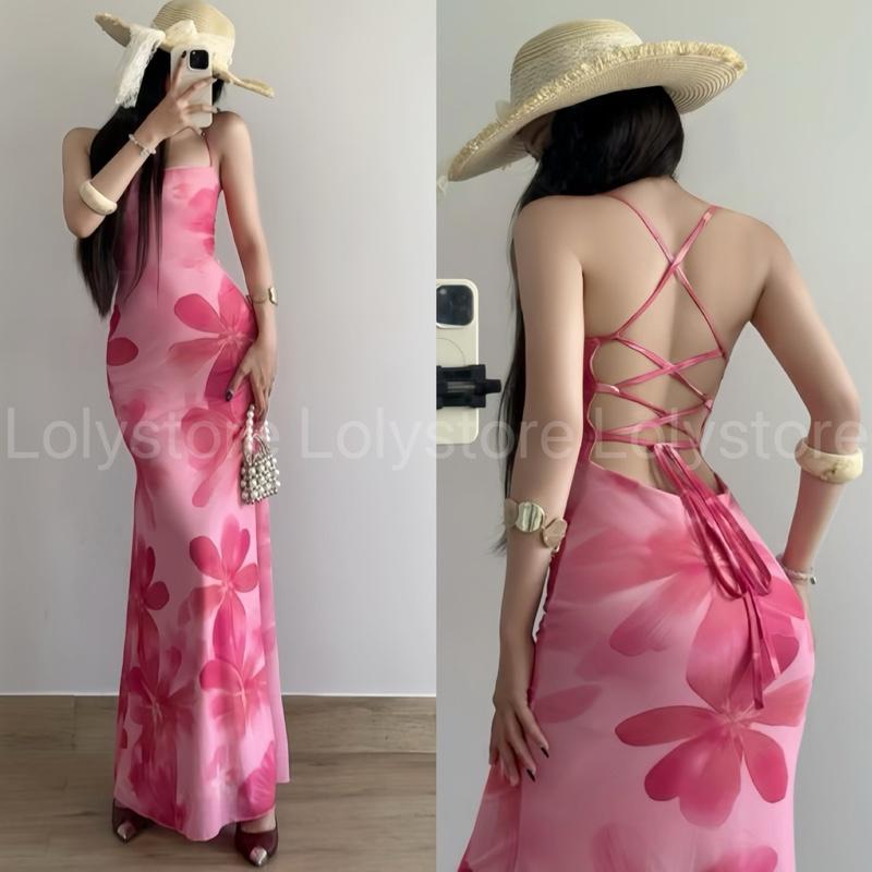 Đầm body nữ lưới dẻo in hoa cao cấp dáng dài đuôi cá hở lưng đan dây xinh sang chảnh Lolystore dress women NH476