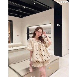 Set Bộ Đồ Nữ Đũi Mềm Chấm Bi Áo Tay Bồng Cổ Chun Tròn Dây Nơ Gấu Phồng Bí Mix Quần Váy Bí