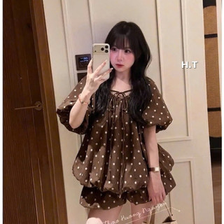 Set Bộ Đồ Nữ Đũi Mềm Chấm Bi Áo Tay Bồng Cổ Chun Tròn Dây Nơ Gấu Phồng Bí Mix Quần Váy Bí