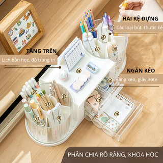Hộp Đựng Bút Nhiều Ngăn LoviOffice 3865 Đế Xoay 360 Độ - Khay Cắm Văn Phòng Phẩm Có Ngăn Kéo Tháo Rời