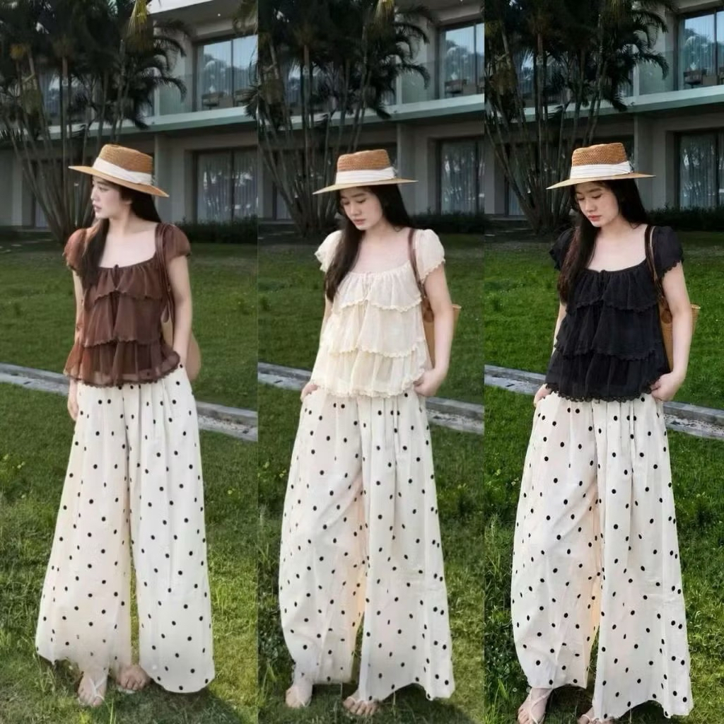 PG5- (Hàng đẹp) Sét bộ cánh tiền xếp tầng viền ren vải đẹp mix quần ống rộng (40-60kg)