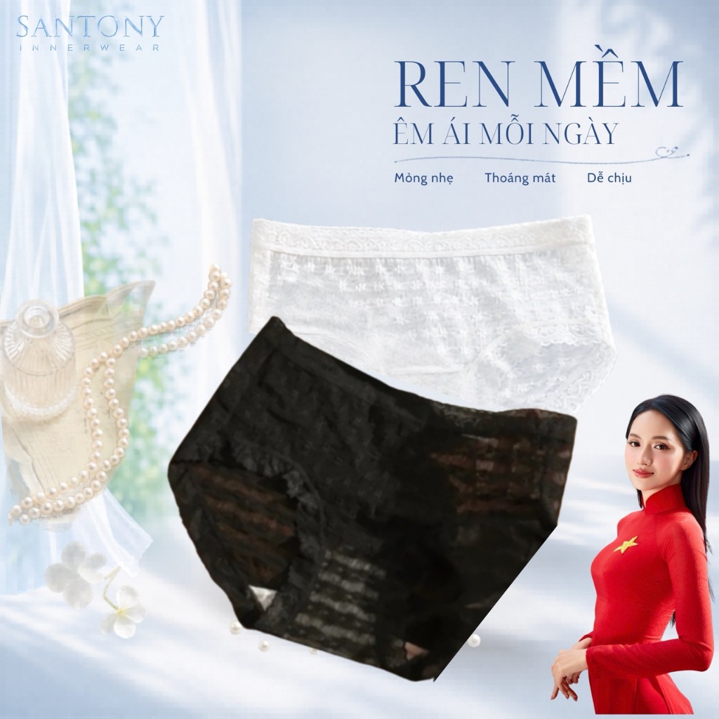 Quần lót ren nữ đáy tơ tằm Santony thoáng khí ôm sát vải ren không vết hằn mỏng nhẹ kháng khuẩn 2683