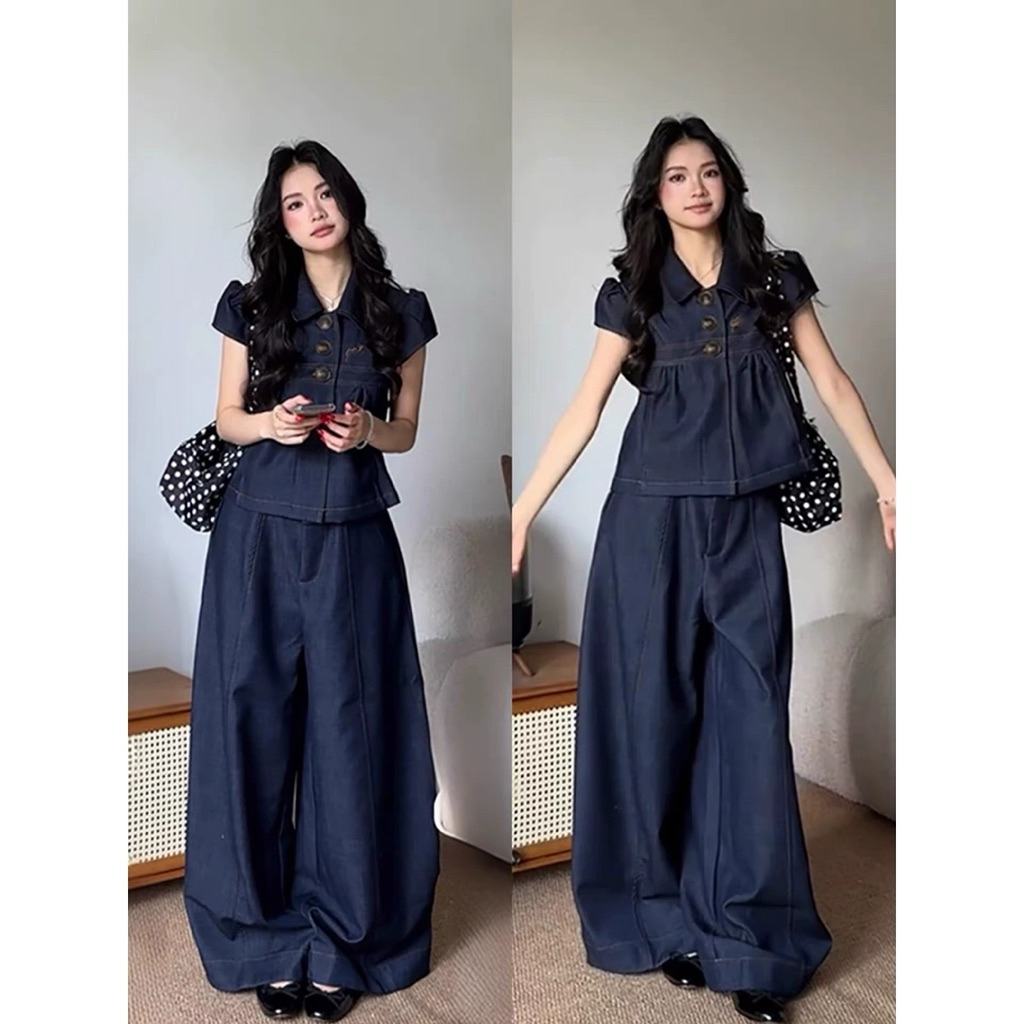Set Jeans Áo Kiểu Tay Bồng & Quần Dài Ống Rộng