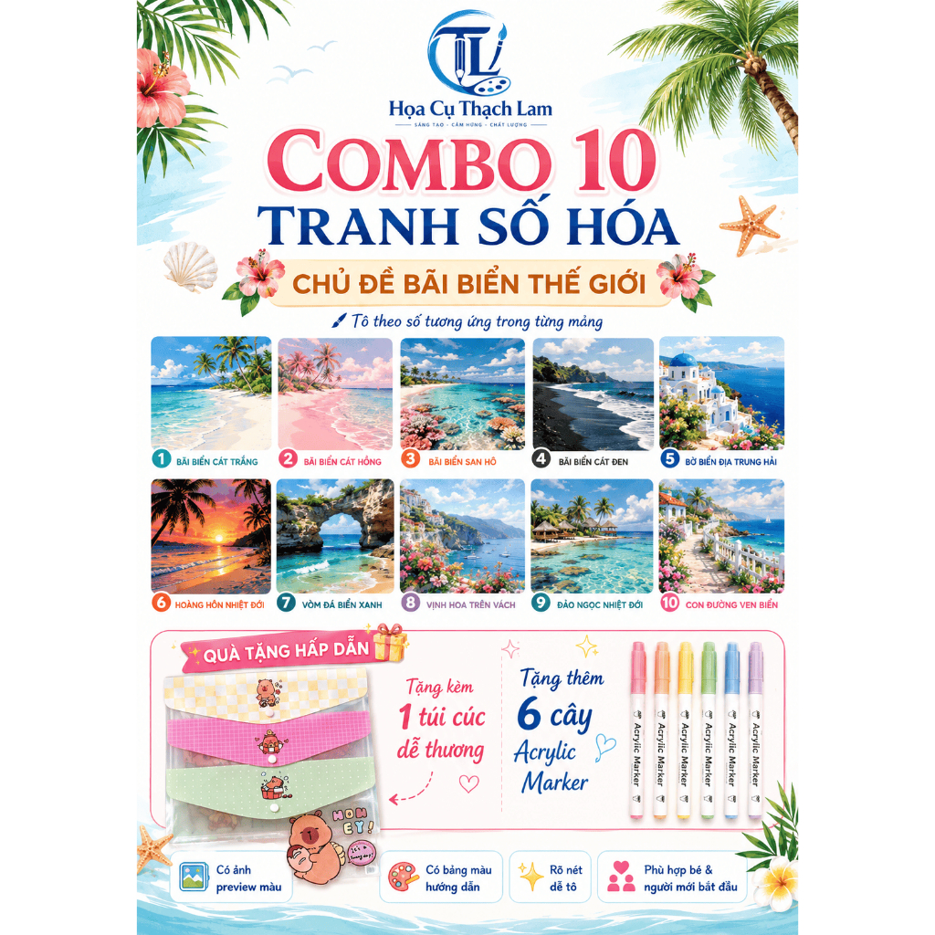 Combo 10 Tranh Số Hóa Bãi Biển Tô Theo Số Giấy Cao Cấp Kèm Quà Tặng TL03
