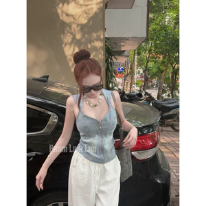 Áo yếm jeans khoá có mũ