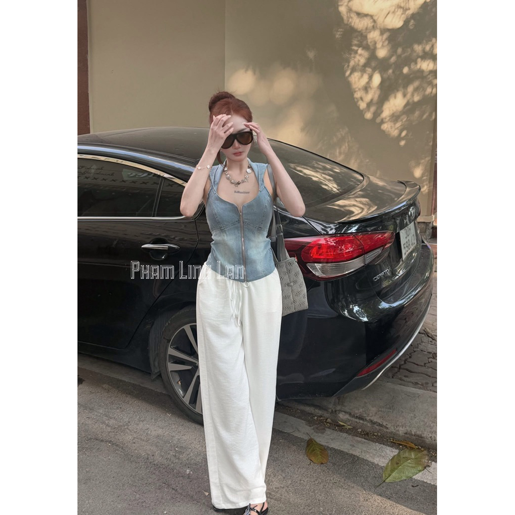 Áo yếm jeans khoá có mũ
