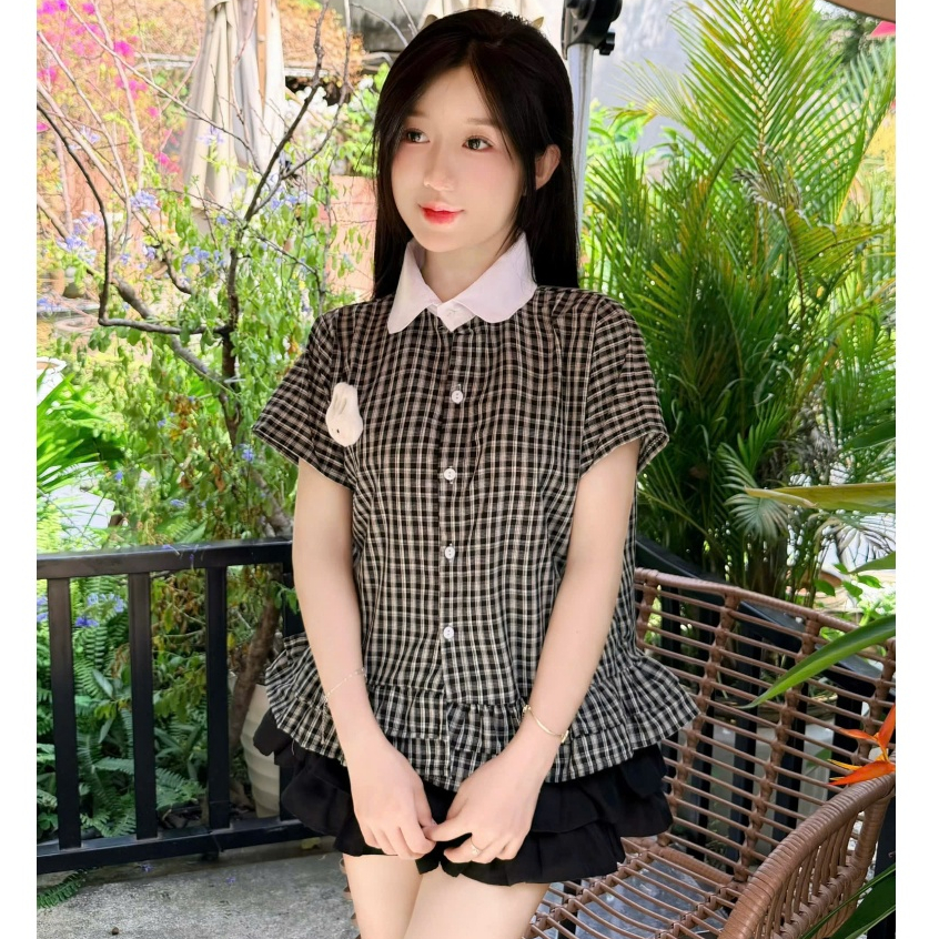 [Tặng cham cute]￼Áo sơ mi kẻ cổ sen phối cổ trắng chất mềm mát mẫu mới 2026