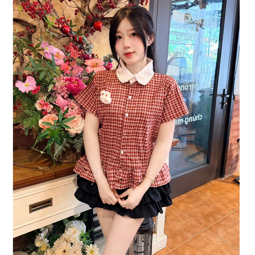[Tặng cham cute]￼Áo sơ mi kẻ cổ sen phối cổ trắng chất mềm mát mẫu mới 2026