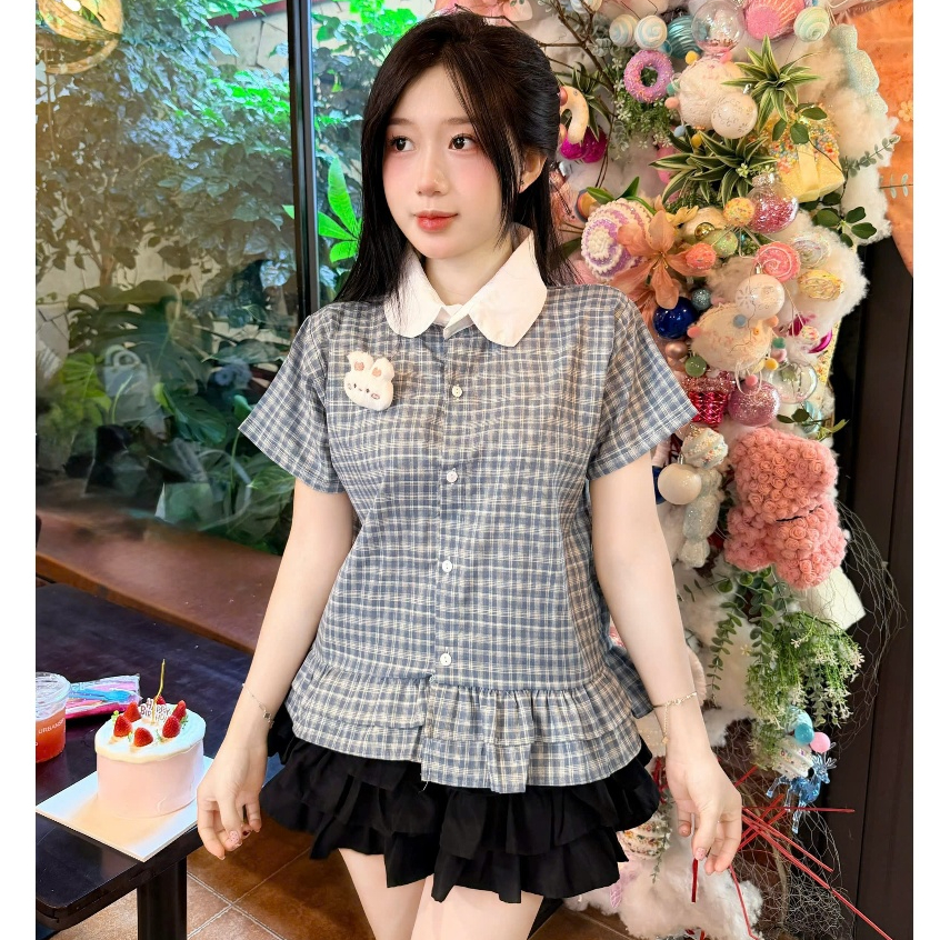 [Tặng cham cute]￼Áo sơ mi kẻ cổ sen phối cổ trắng chất mềm mát mẫu mới 2026
