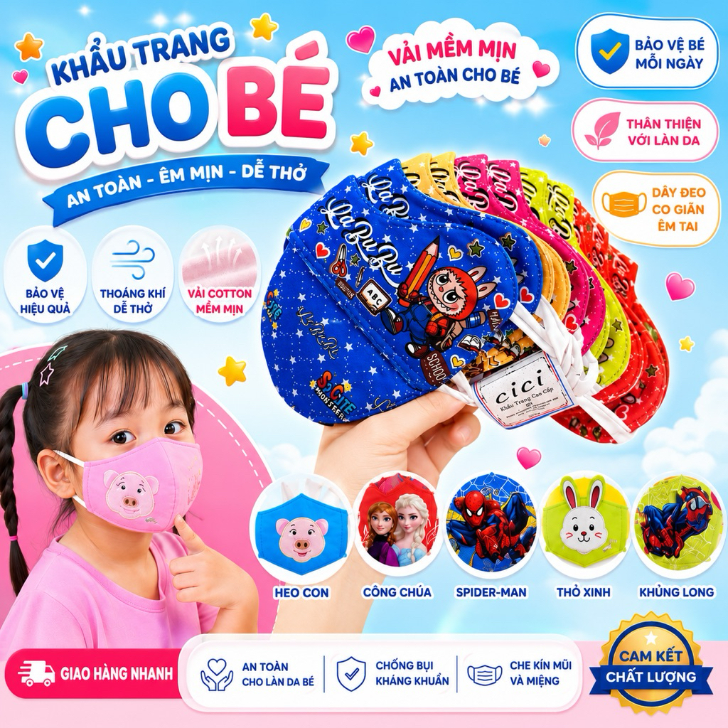 Combo 10 Khẩu Trang Vải Cho Bé Thoáng Mát Dễ Thở Không Bí