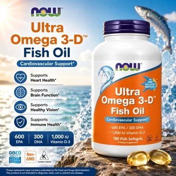 NOW Ultra Omega 3-D Fish Oil Chính Hãng – 600 EPA / 300 DHA, Vitamin D3 1000 IU 180 Viên Nang Mềm Dầu Cá [Hàng Mỹ]
