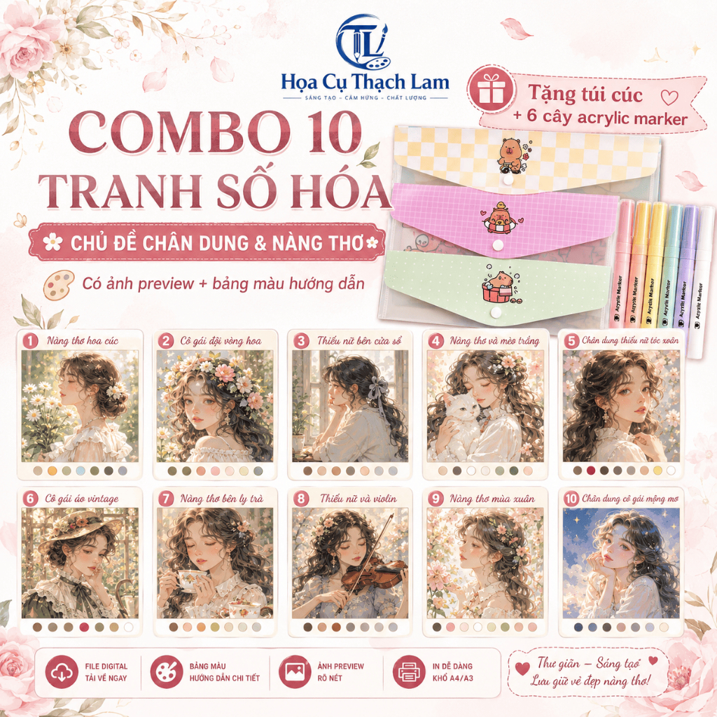 Combo 10 Tranh Số Hóa Chân Dung Nàng Thơ Giấy Cao Cấp Kèm Quà Tặng