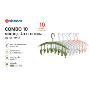 Combo 10 Thanh Móc Phơi Đồ 8 Kẹp HOKORI Việt Nhật 2821-1 Nhựa PP Dùng Treo Tất Vớ Quần Áo Trẻ Em