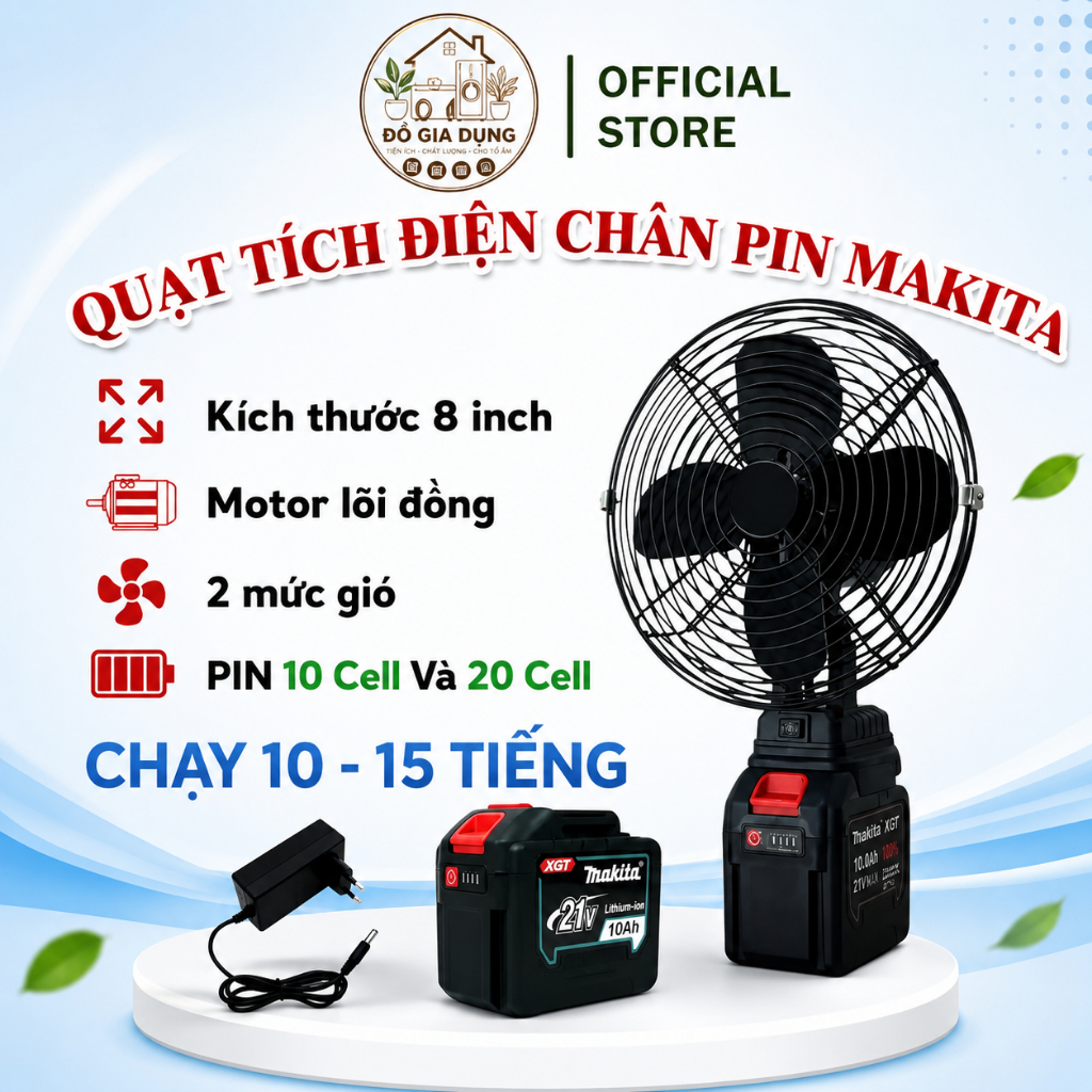 Quạt Tích Điện Makita Để Bàn 8 Inch Siêu Mát, Motor Lõi Đồng, Pin Trâu 10 - 20 - 30cell , Dùng 4-10H