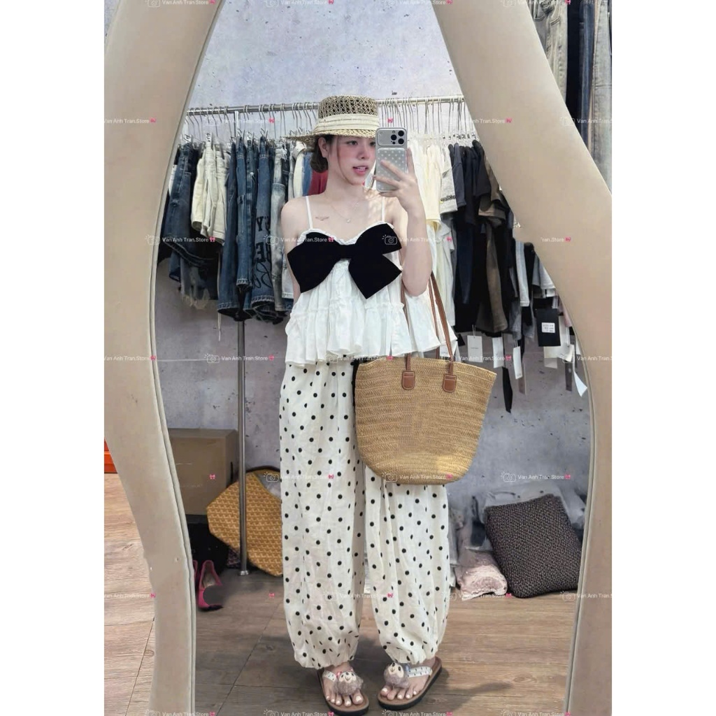 ( Có Bán Lẻ ) Sét Bộ Nữ ÁO 2 Dây thô xoè nơ mix quần đũi ống bom hoạ tiết chấm bi by Nixi Design MS755