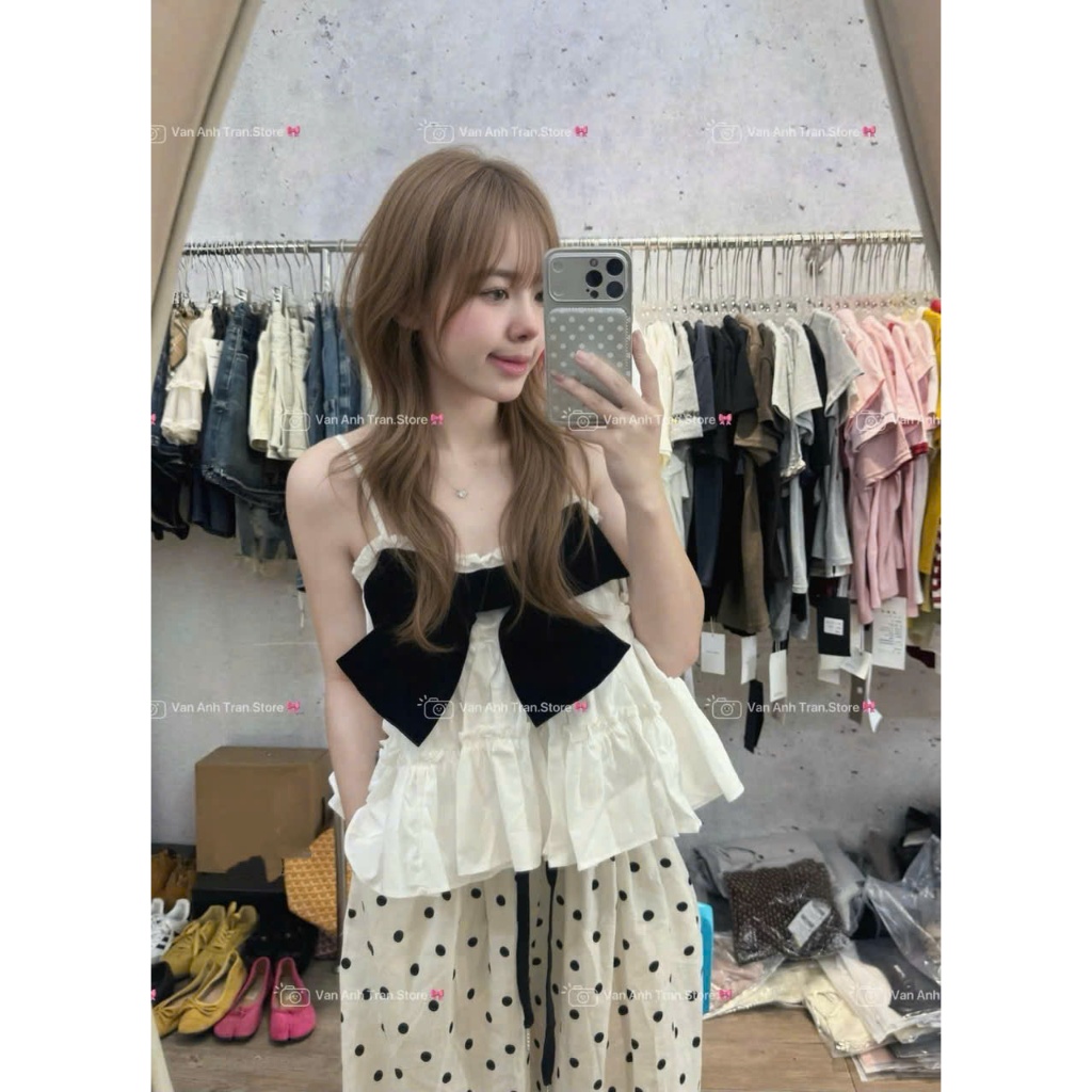 ( Có Bán Lẻ ) Sét Bộ Nữ ÁO 2 Dây thô xoè nơ mix quần đũi ống bom hoạ tiết chấm bi by Nixi Design MS755