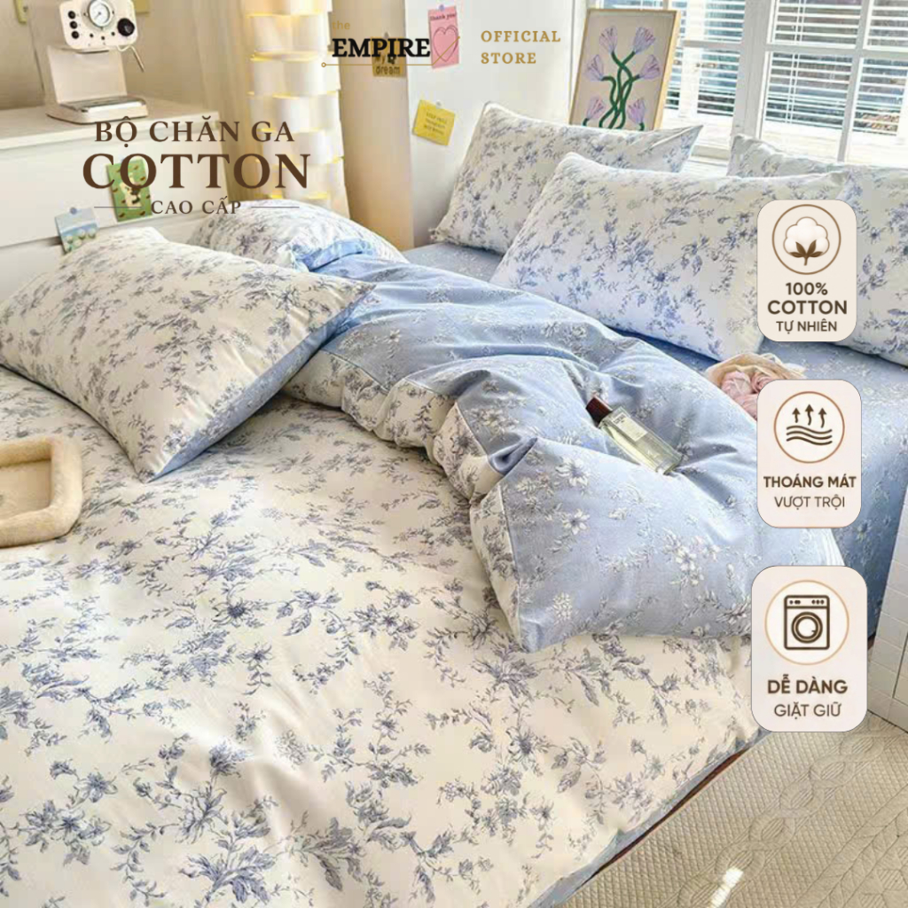 Bộ chăn ga gối nệm đêm 4 món cotton 100% Empire chăn chần bông mát không xù lông - Bedding & Decor