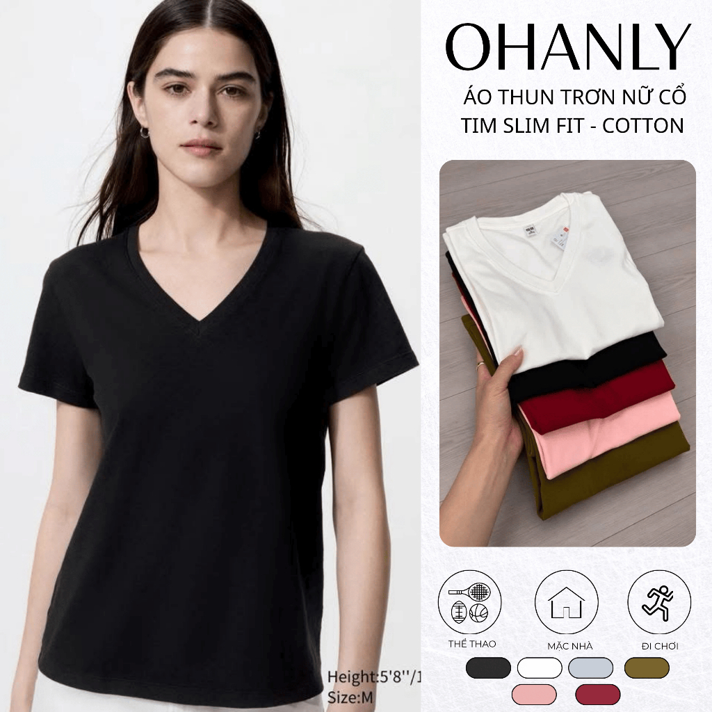 Áo Thun Trơn Nữ Cổ Tim Regular Fit – Cotton Co Giãn Mềm Mát, Dễ Phối Đồ Tôn Dáng | OHANLY