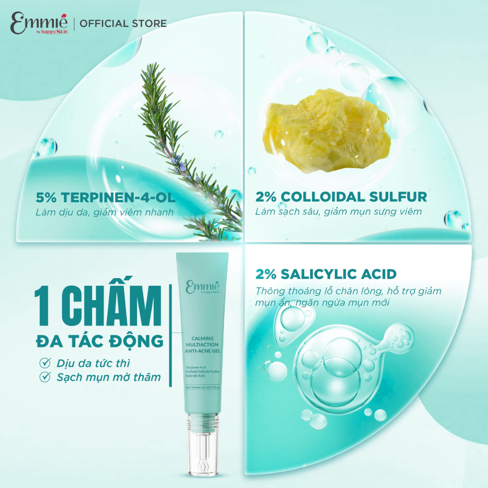 NEW 01 Tuýp Gel Làm dịu da Cải thiện mụn đa tác động CALMING MULTIACTION ANTI-ACNE 12ml Emmie by Happyskin
