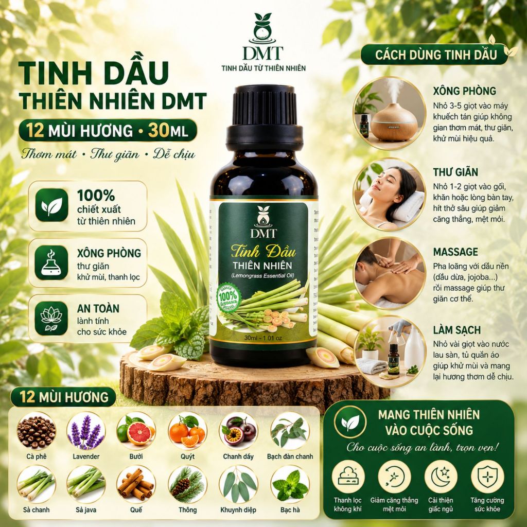 Tinh dầu xông thơm phòng DMT - xông phòng, đuổi muỗi, thiên nhiên nguyên chất 30ml - 12 Mùi hương