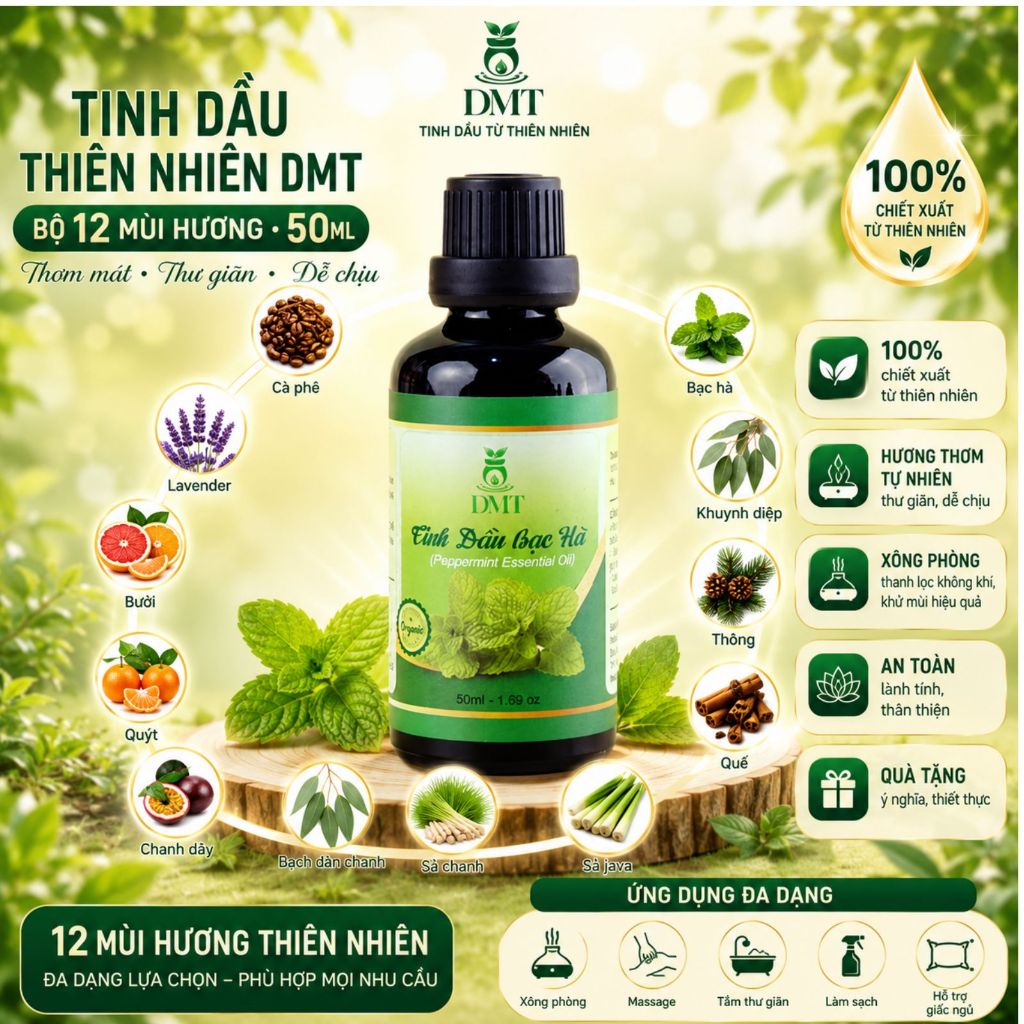 Tinh dầu xông thơm phòng 50ml DMT - Tinh dầu thiên nhiên 12 mùi sả chanh, quế, bưởi, bạc hà, cafe