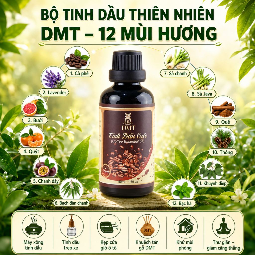 Tinh dầu xông thơm phòng DMT - thơm phòng, đuổi muỗi 50ml - 12 Mùi hương thiên nhiên nguyên chất