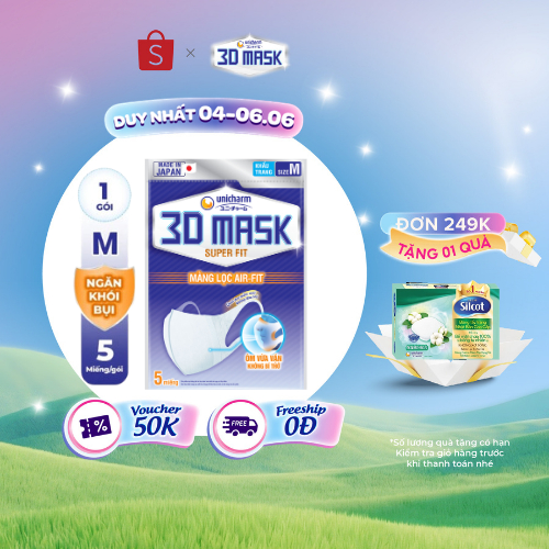 Khẩu trang ngăn khói bụi Unicharm 3D Mask Super Fit size M gói 5 cái