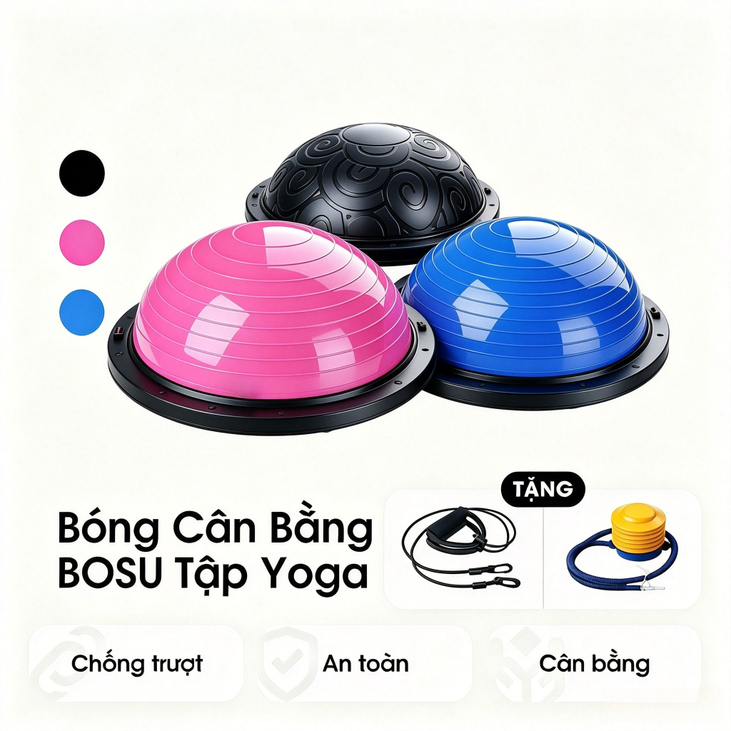 Bóng Tập Cân Bằng Bosu Hàng Cao Cấp Tập Thể Dục, Yoga Tại Nhà Có Dây Kháng Lực Và Tặng Kèm Bơm Bóng