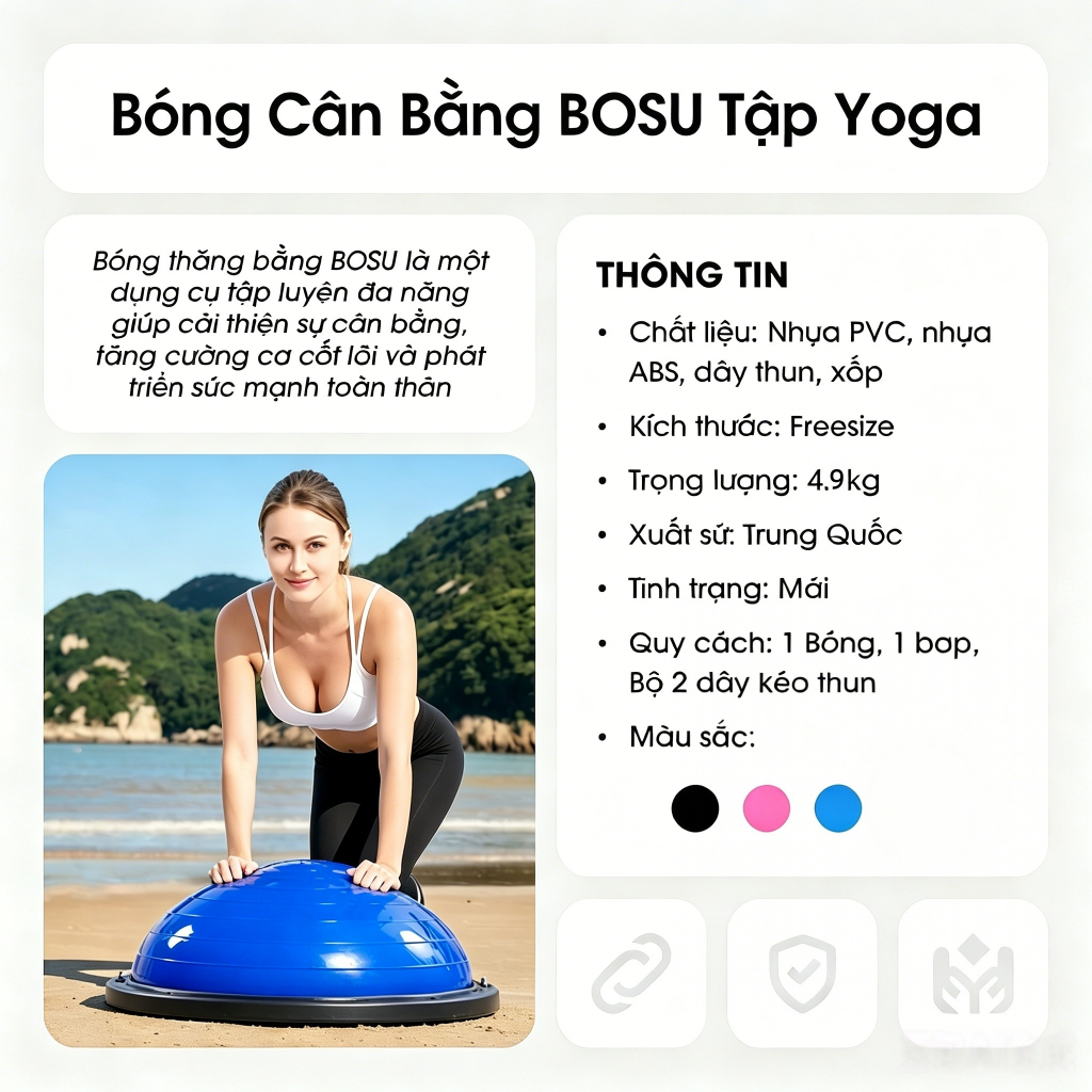 Bóng Tập Cân Bằng Bosu Hàng Cao Cấp Tập Thể Dục, Yoga Tại Nhà Có Dây Kháng Lực Và Tặng Kèm Bơm Bóng