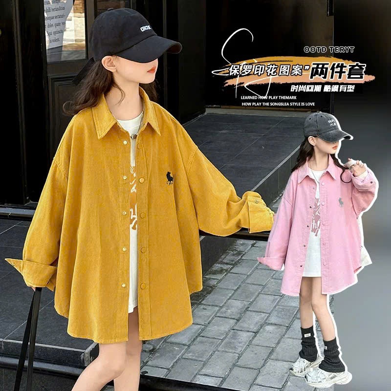 Set Áo Khoác Sơ Mi Oversize Bé Gái Kèm Áo Thun Dáng Dài Phong Cách Hàn Quốc Thời Trang
