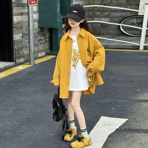 Set Áo Khoác Sơ Mi Oversize Bé Gái Kèm Áo Thun Dáng Dài Phong Cách Hàn Quốc Thời Trang