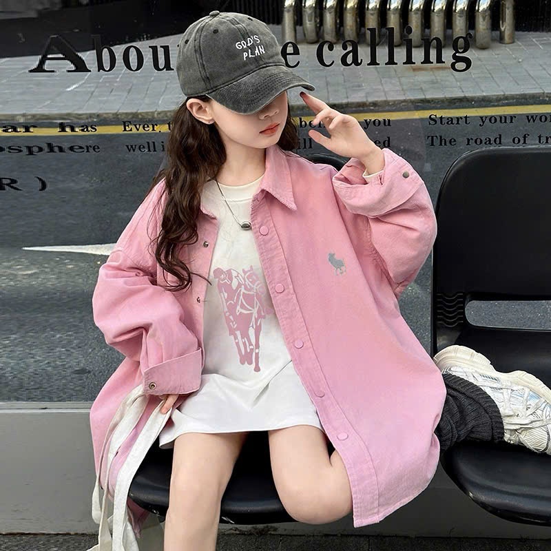 Set Áo Khoác Sơ Mi Oversize Bé Gái Kèm Áo Thun Dáng Dài Phong Cách Hàn Quốc Thời Trang