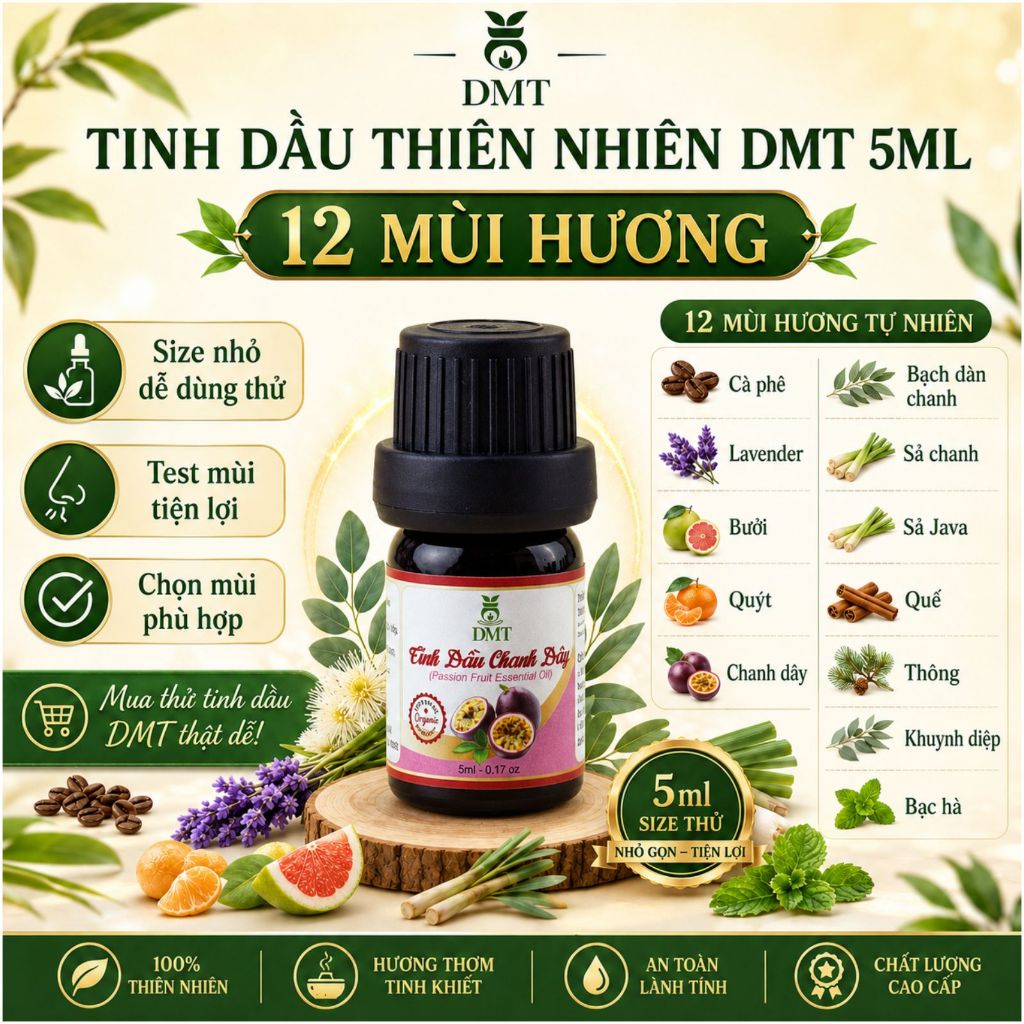 Tinh dầu thiên nhiên, tinh dầu nguyên chất DMT 5ml - 12 Mùi hương thơm phòng, thơm nhà, thơm xe