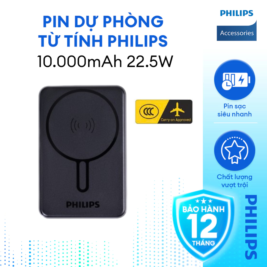 [Chứng Nhận CCC] Pin Sạc Dự Phòng Từ Tính Philips DLP6759 10.000mAh 22.5W, có 3C, mang lên máy bay