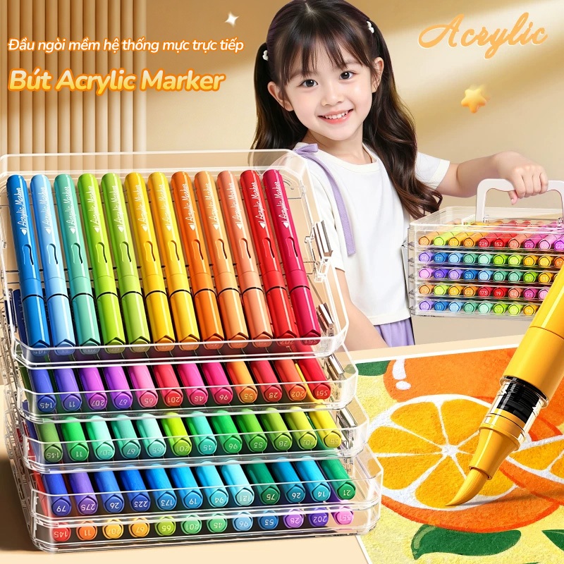 Bút Màu Acrylic Marker Vẽ Tranh Cho Bé Nhiều Màu Hộp 12/24/36/60 Màu Ngòi Đầu Tròn Sắc Nét Dụng Cụ Mỹ Thuật Học Sinh
