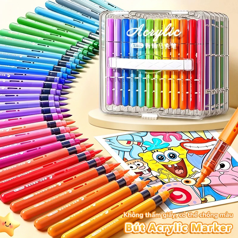 Bút Màu Acrylic Marker Vẽ Tranh Cho Bé Nhiều Màu Hộp 12/24/36/60 Màu Ngòi Đầu Tròn Sắc Nét Dụng Cụ Mỹ Thuật Học Sinh