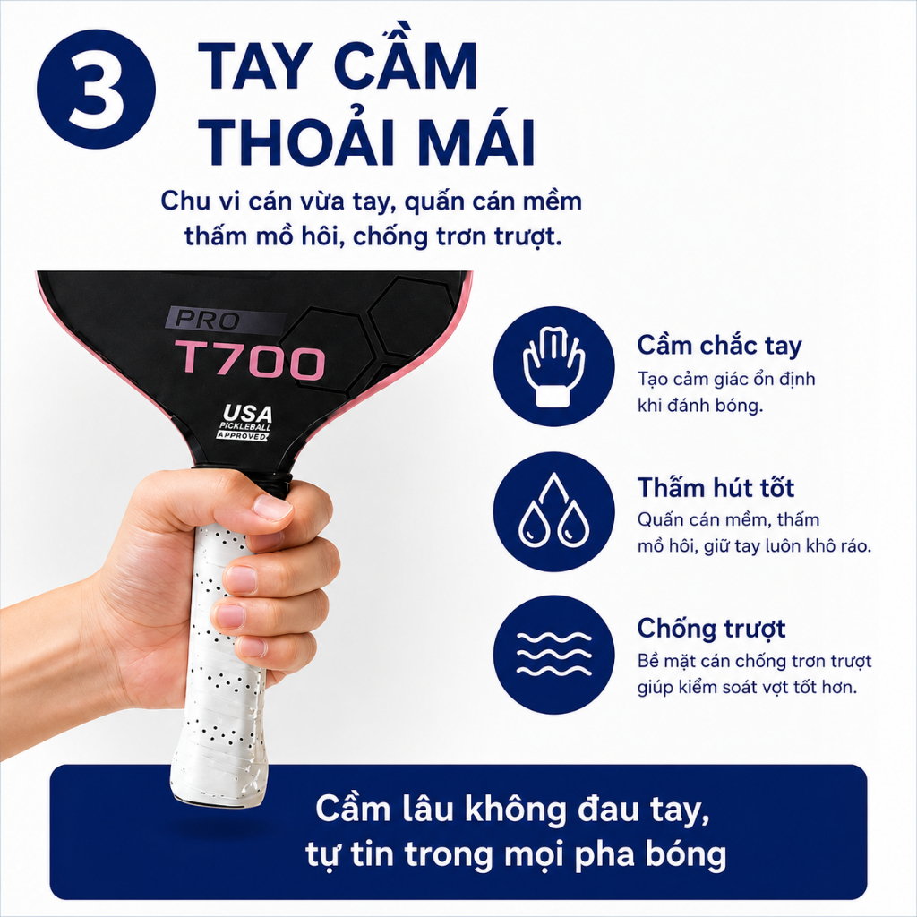 Vợt Pickleball T700 S3 Pro Chính Hãng - Vợt Pickleball Cho Người Mới Chơi Siêu Nhám Nhẹ Bền