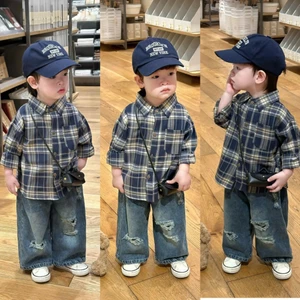 Bộ Sơ Mi Kẻ Caro Dài Tay Phối Quần Jeans Phong Cách Năng Động Cho Bé _ B57/Bộ Smi caro - MOONIEKID