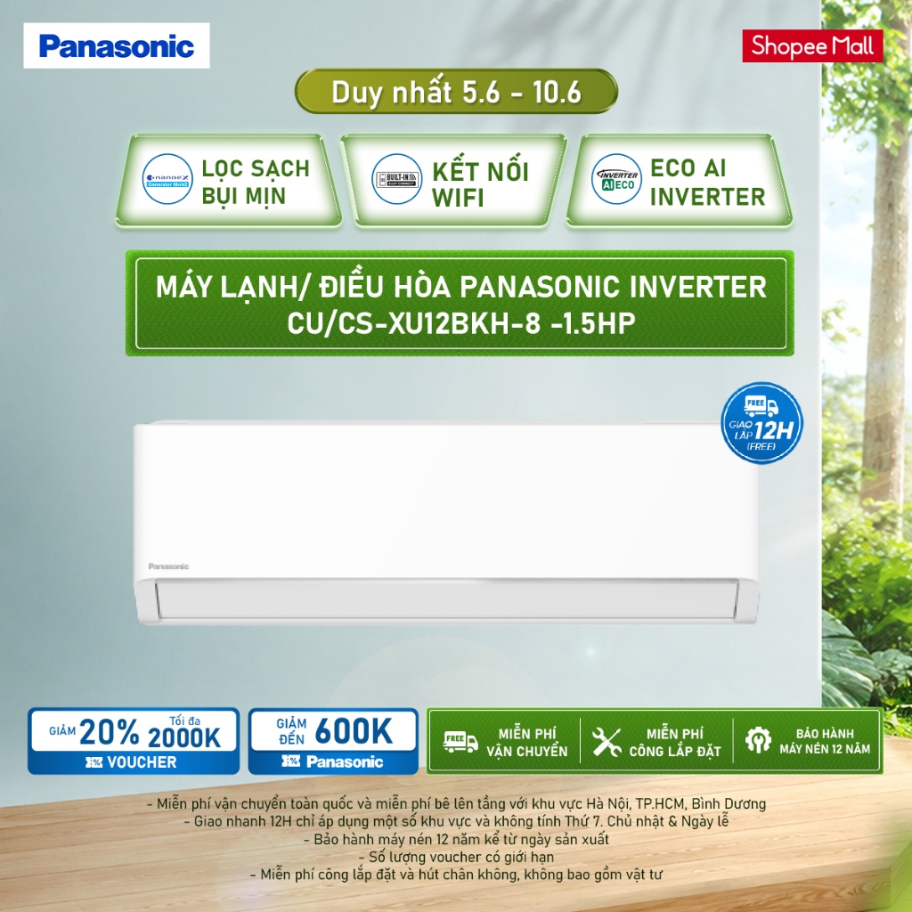 [ELPN2TW GIẢM TỐI ĐA 2TR] Máy lạnh/Điều hòa Panasonic Inverter CU/CS-XU12BKH-8 -1.5HP-1 chiều-ECO AI