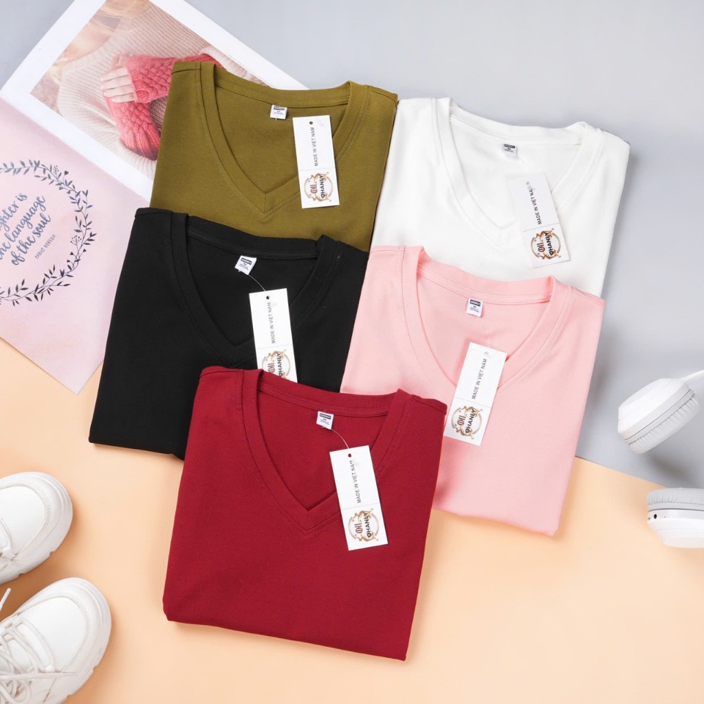 Áo Thun Trơn Nữ Cổ Tim Regular Fit – Cotton Co Giãn Mềm Mát, Dễ Phối Đồ Tôn Dáng | OHANLY