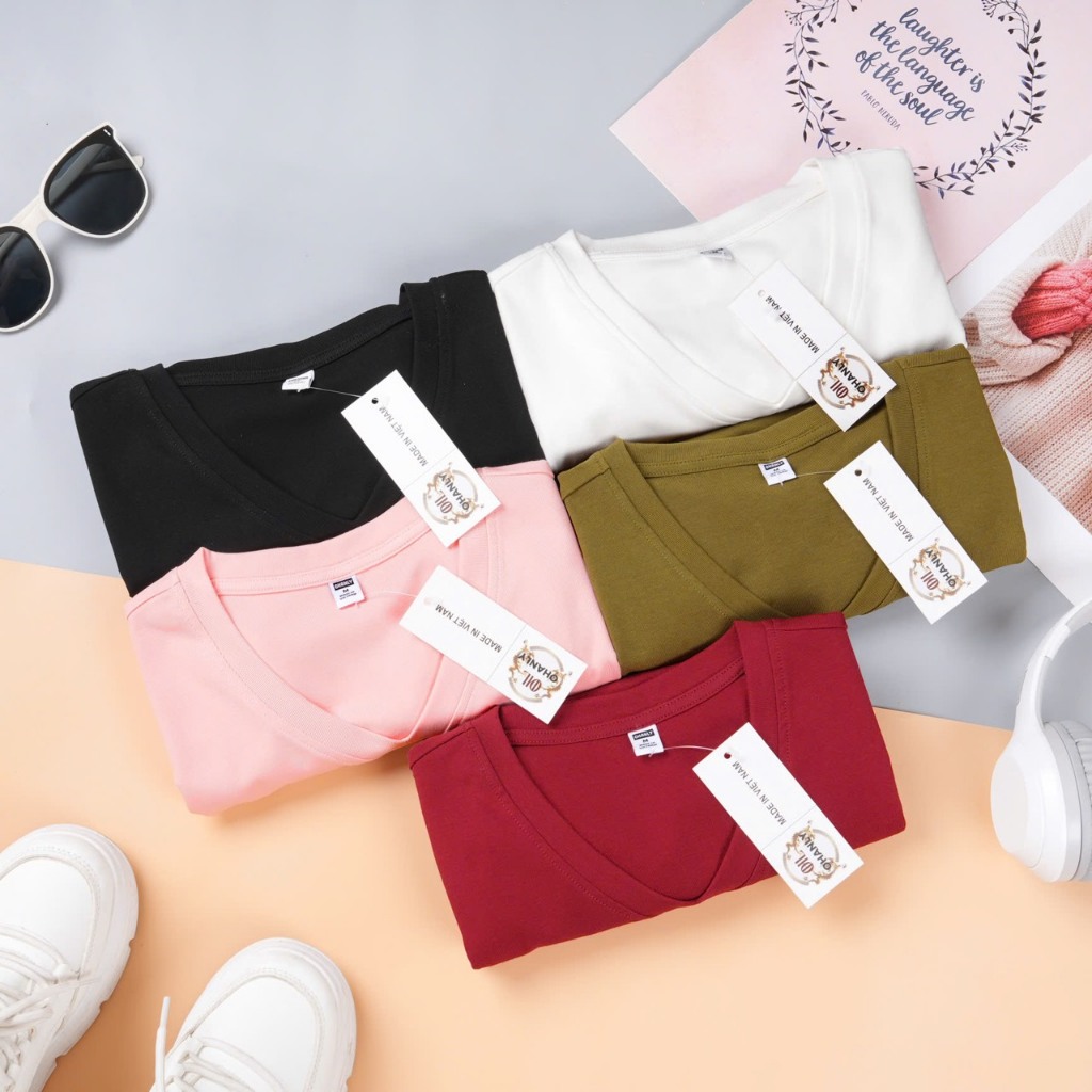 Áo Thun Trơn Nữ Cổ Tim Regular Fit – Cotton Co Giãn Mềm Mát, Dễ Phối Đồ Tôn Dáng | OHANLY