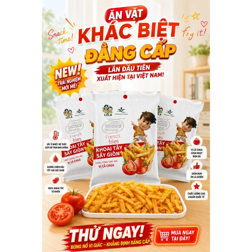 COMBO 3 gói Khoai tây sấy giòn Wakamono Organic  vị cà chua 40gam/gói, Giòn rụm ít dầu, giàu dinh dưỡng, ăn vặt Healthy