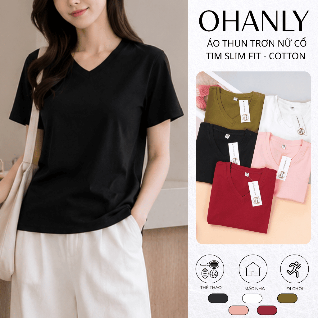 Áo Thun Trơn Nữ Cổ Tim Regular Fit – Cotton Co Giãn Mềm Mát, Dễ Phối Đồ Tôn Dáng | OHANLY