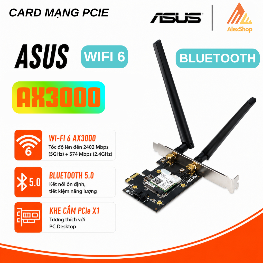 ASUS PCE-AX3000 Card mạng PCIe WiFi 6, Blutetooth 5.0, Chuẩn AX3000 ...