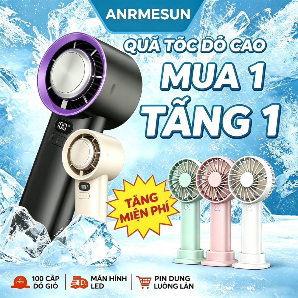 Quạt Cầm Tay Mini ANRMESUN Pin 3600mah 100 Cấp Độ Tốc Độ Gió Siêu Mạnh LED Màn hình Tích Điện Có Sò Lạnh